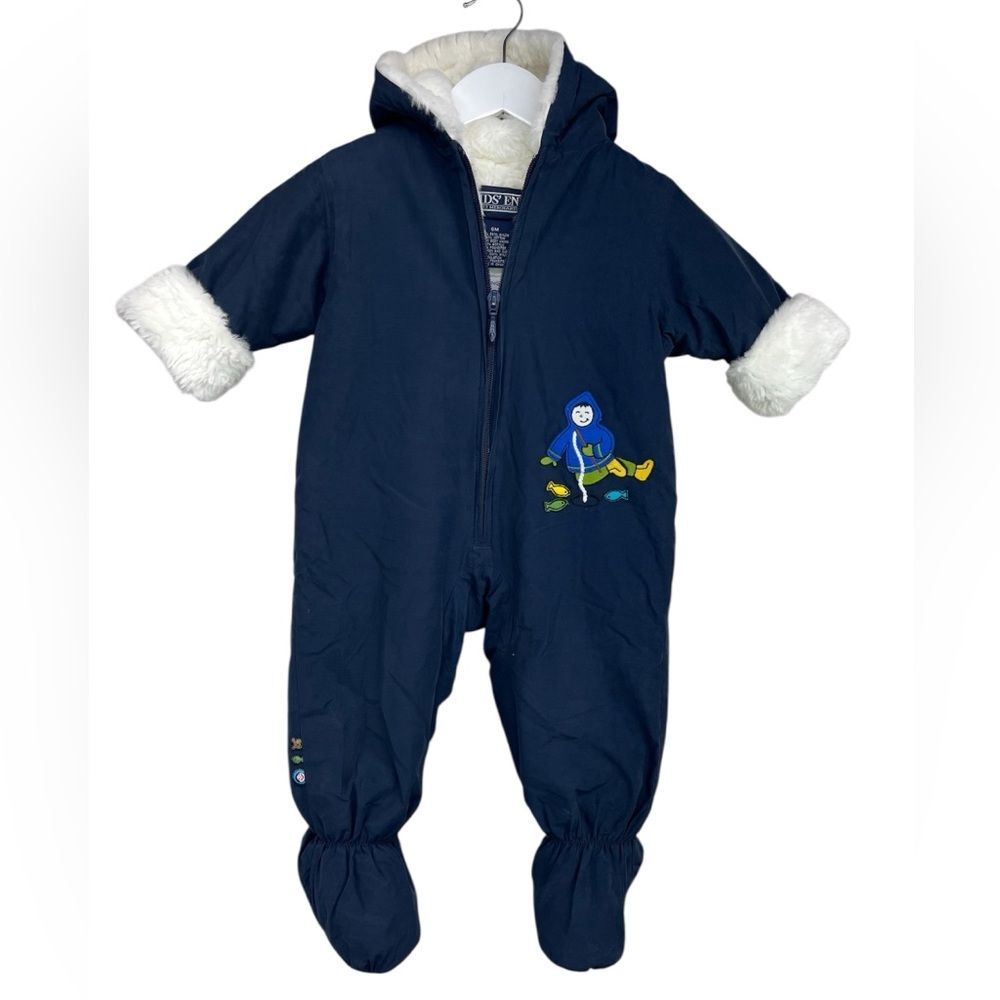 Land’s End Fur Lined Snowsuit Sz 6 months Navy Blue Fishing Boy